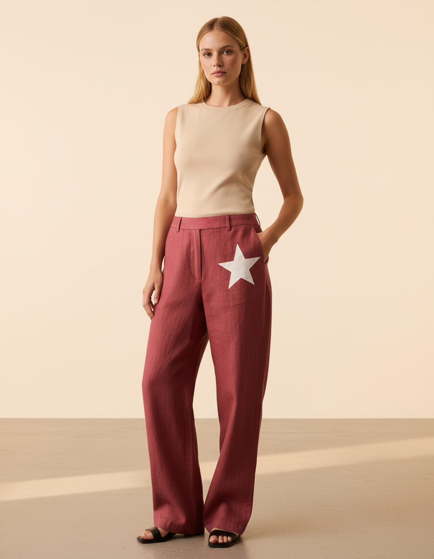 Pantalon Baggy Rouge Étoile Ample Décontracté Fluide - Lin