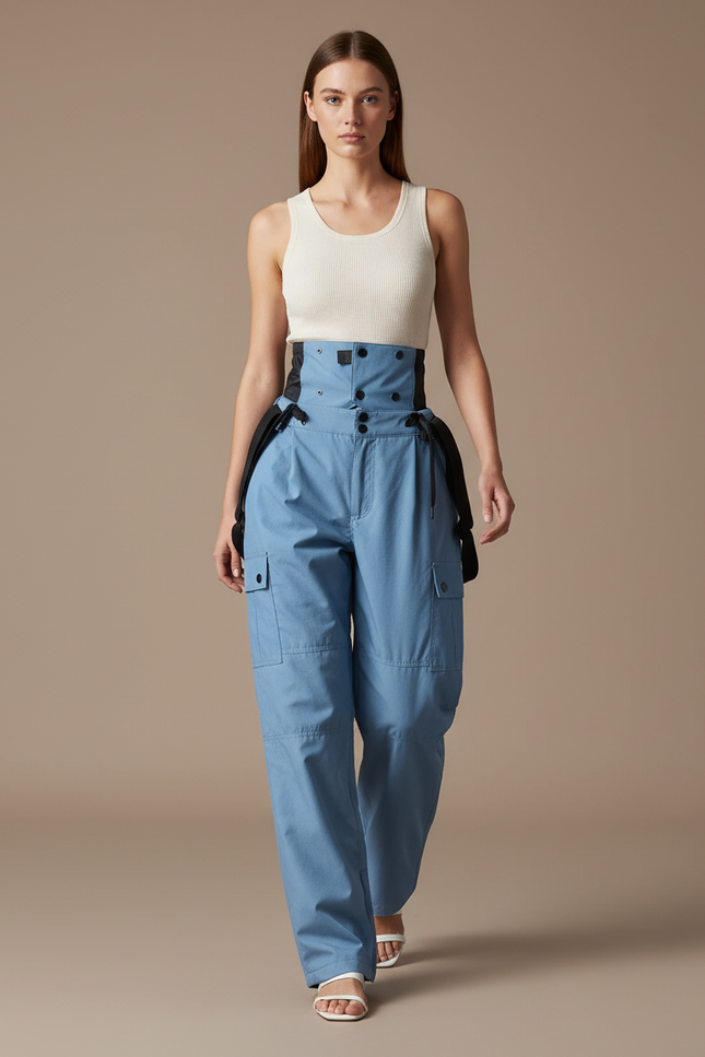 Pantalon Baggy Bleu Ciel Cargo Taille Haute Femme - Toile