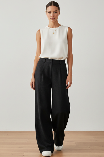 Pantalon Baggy Noir Lin Ample Plissé Fluide