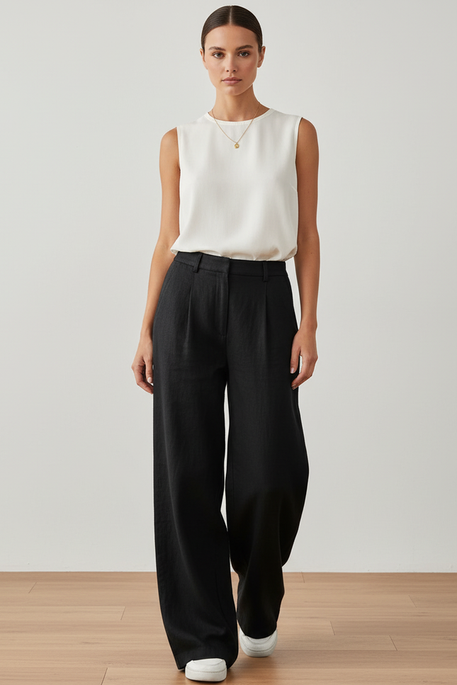 Pantalon Baggy Noir Lin Ample Plissé Fluide