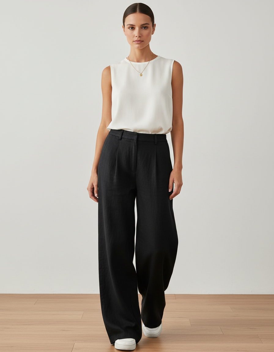 Pantalon Baggy Noir Lin Ample Plissé Fluide