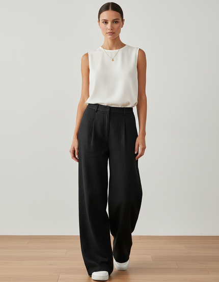 Pantalon Baggy Noir Lin Ample Plissé Fluide