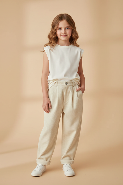 Pantalon Baggy Côtelé Crème Ample Plissé Décontracté - Beige Cordé
