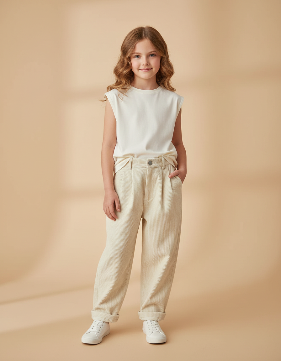 Pantalon Baggy Côtelé Crème Ample Plissé Décontracté - Beige Cordé