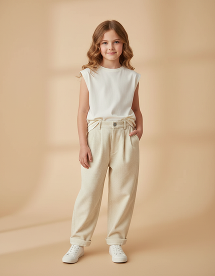 Pantalon Baggy Côtelé Crème Ample Plissé Décontracté - Beige Cordé