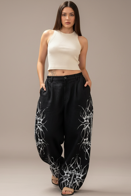 Pantalon Baggy Noir Lin Ample Imprimé Streetwear Femme