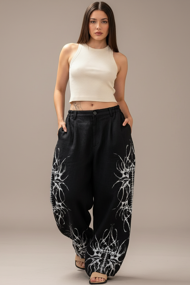 Pantalon Baggy Noir Lin Ample Imprimé Streetwear Femme