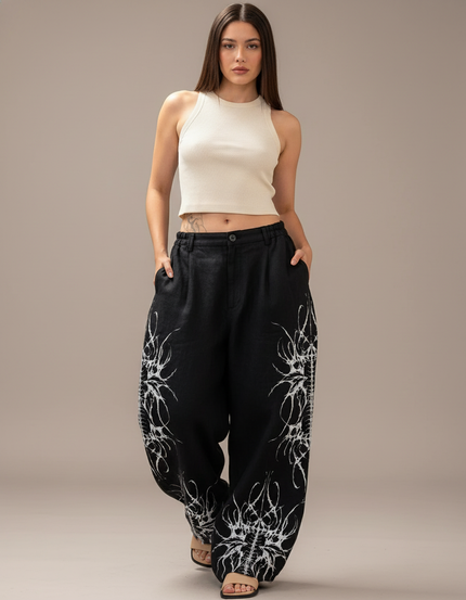 Pantalon Baggy Noir Lin Ample Imprimé Streetwear Femme