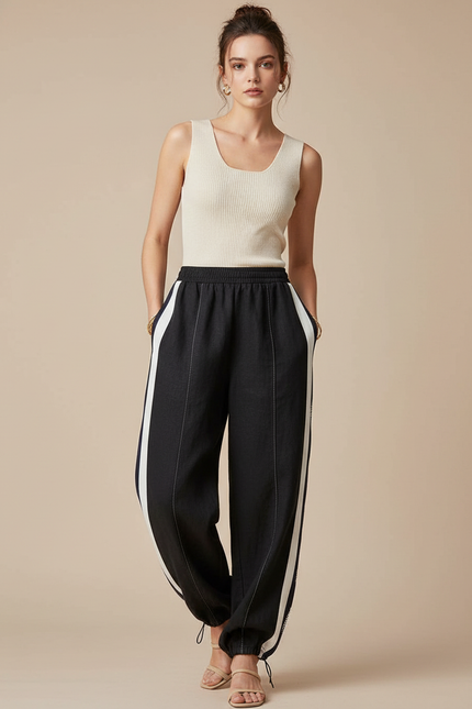 Pantalon Baggy Noir Rayures Blanches Ample Coton - Lin