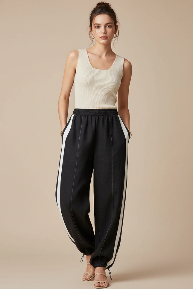 Pantalon Baggy Noir Rayures Blanches Ample Coton - Lin