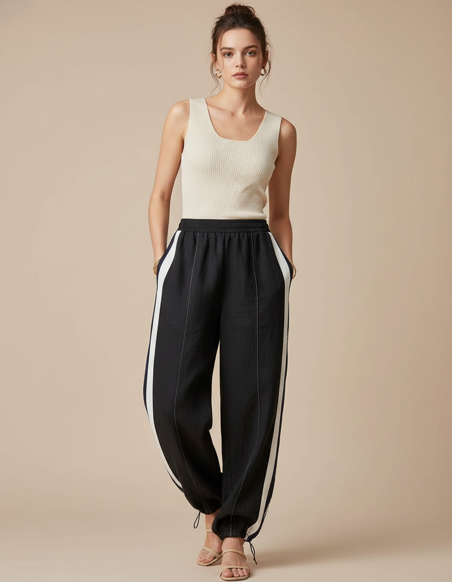 Pantalon Baggy Noir Rayures Blanches Ample Coton - Lin