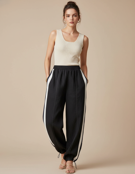 Pantalon Baggy Noir Rayures Blanches Ample Coton - Lin