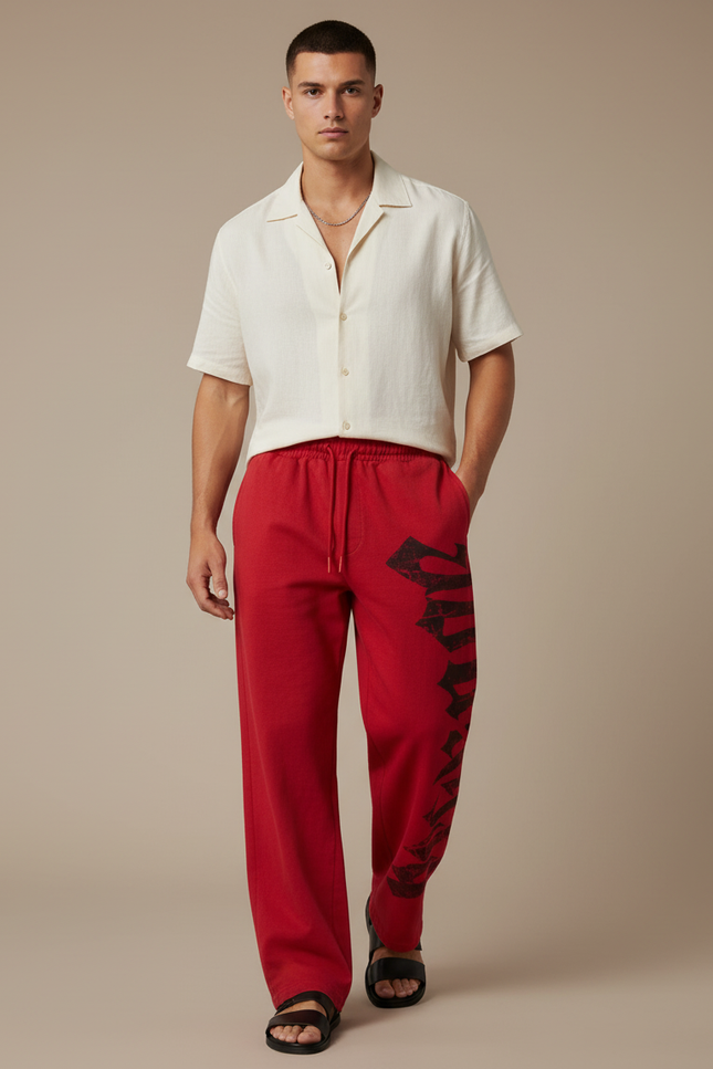 Pantalon Baggy Rouge Imprimé Coton Décontracté Homme - Molleton