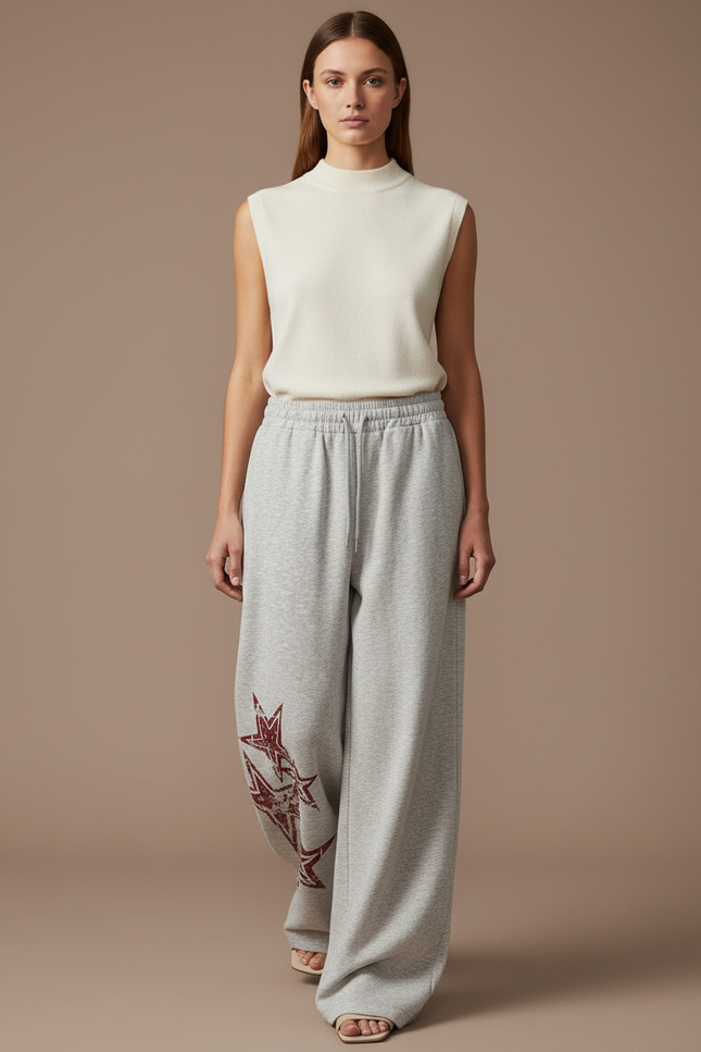 Pantalon Baggy Gris Étoiles Larges Cordon Femme - Molleton