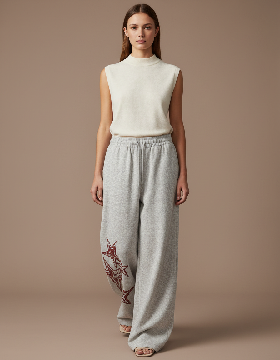 Pantalon Baggy Gris Étoiles Larges Cordon Femme - Molleton