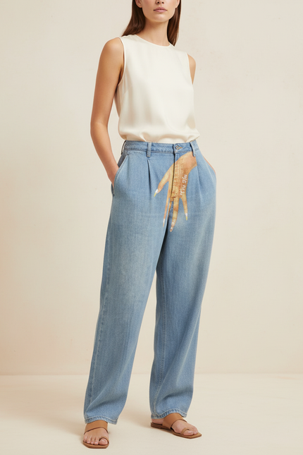 Pantalon Baggy Denim Clair Ample Imprimé Main Femme - Bleu Jean