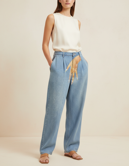 Pantalon Baggy Denim Clair Ample Imprimé Main Femme - Bleu Jean