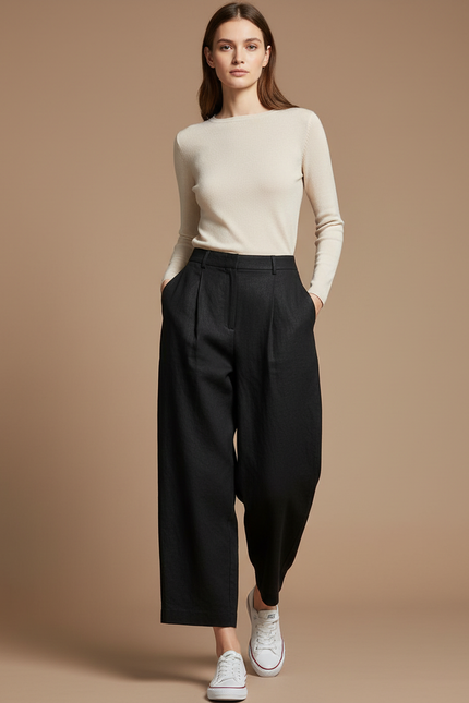 Pantalon Baggy Noir Ample Lin Décontracté Fluide