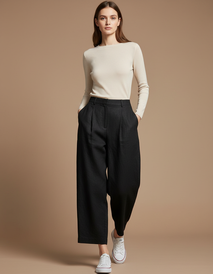 Pantalon Baggy Noir Ample Lin Décontracté Fluide