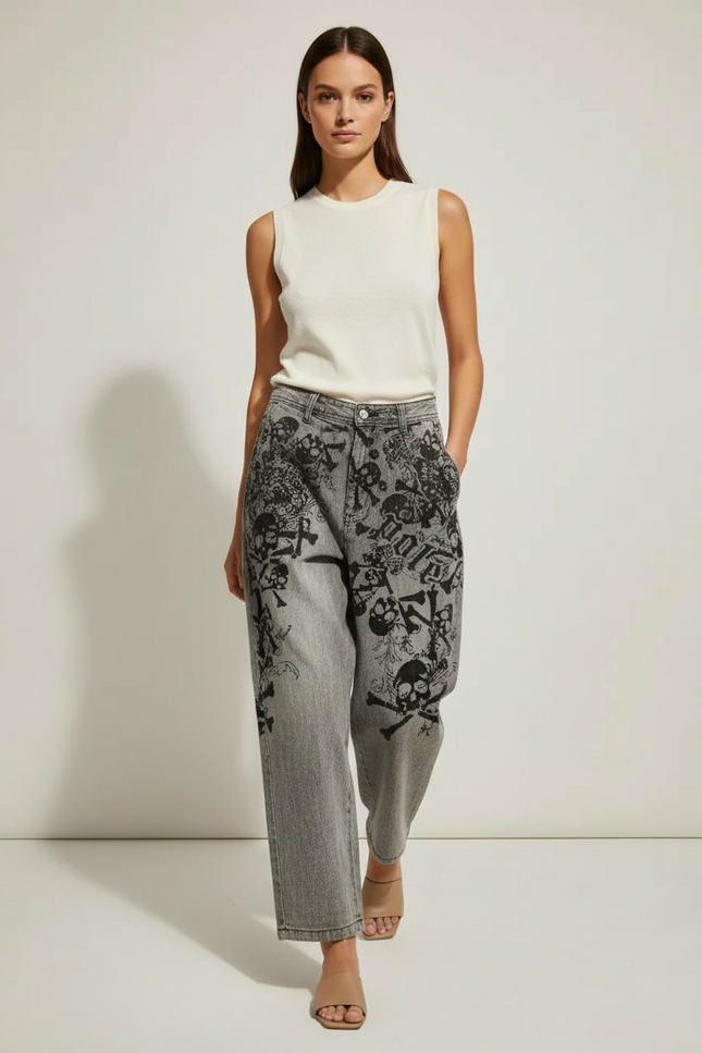 Pantalon Baggy Gris Imprimé Crânes Ample Streetwear - Jean