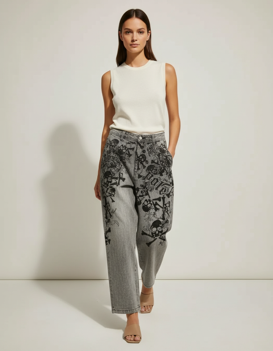 Pantalon Baggy Gris Imprimé Crânes Ample Streetwear - Jean