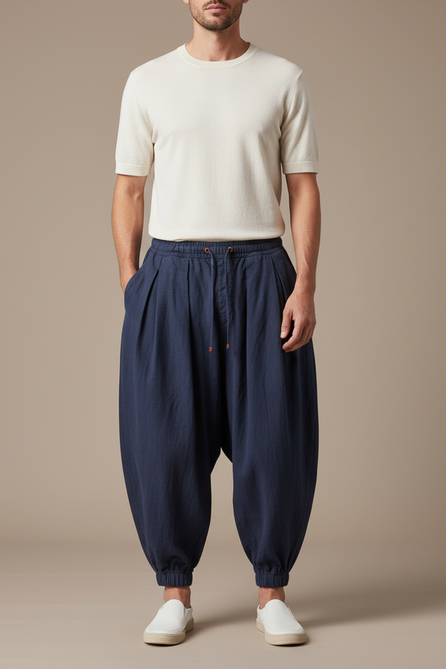 Pantalon Baggy Bleu Marine Coton Lin Ample Décontracté Homme