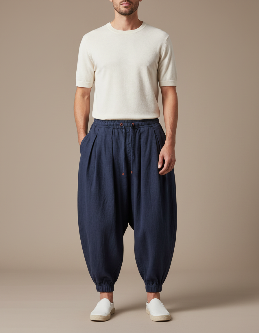 Pantalon Baggy Bleu Marine Coton Lin Ample Décontracté Homme