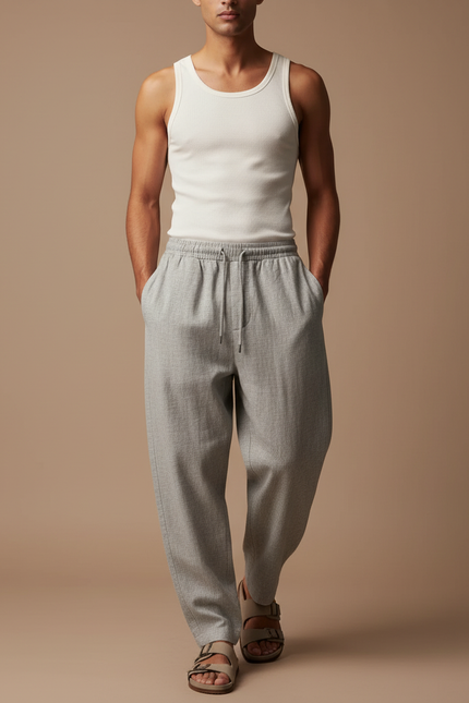Pantalon Baggy Gris Sport Décontracté Cordon Fluide Homme - Laine