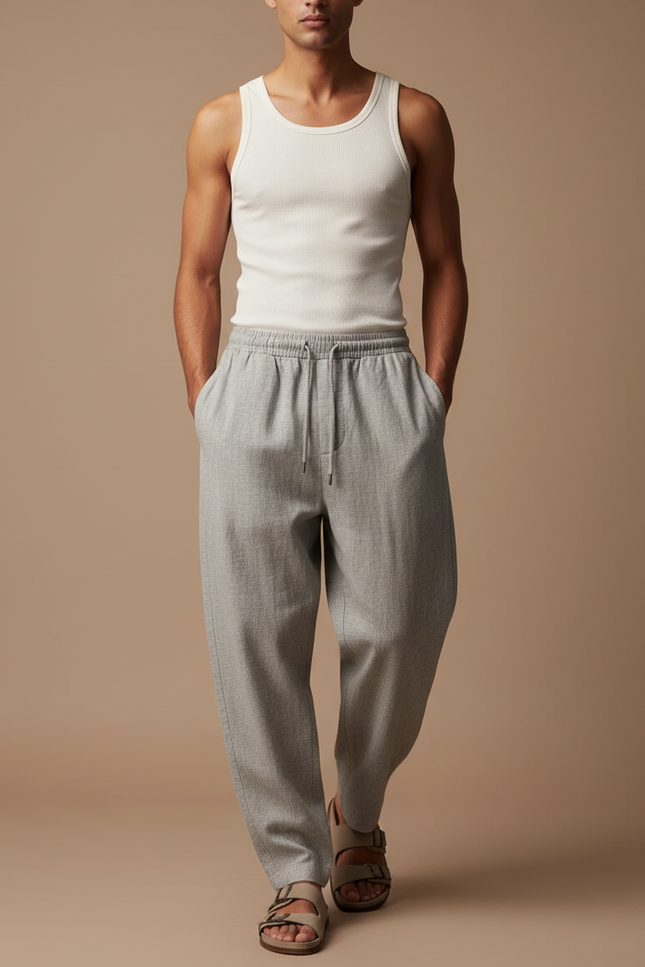 Pantalon Baggy Gris Sport Décontracté Cordon Fluide Homme - Laine