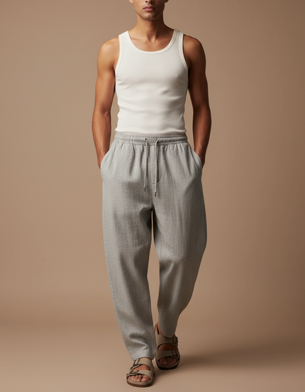 Pantalon Baggy Gris Sport Décontracté Cordon Fluide Homme - Laine