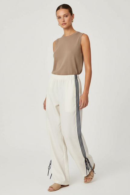 Pantalon Baggy Crème Rayé Fluide Cordon Décontracté - Beige Viscose