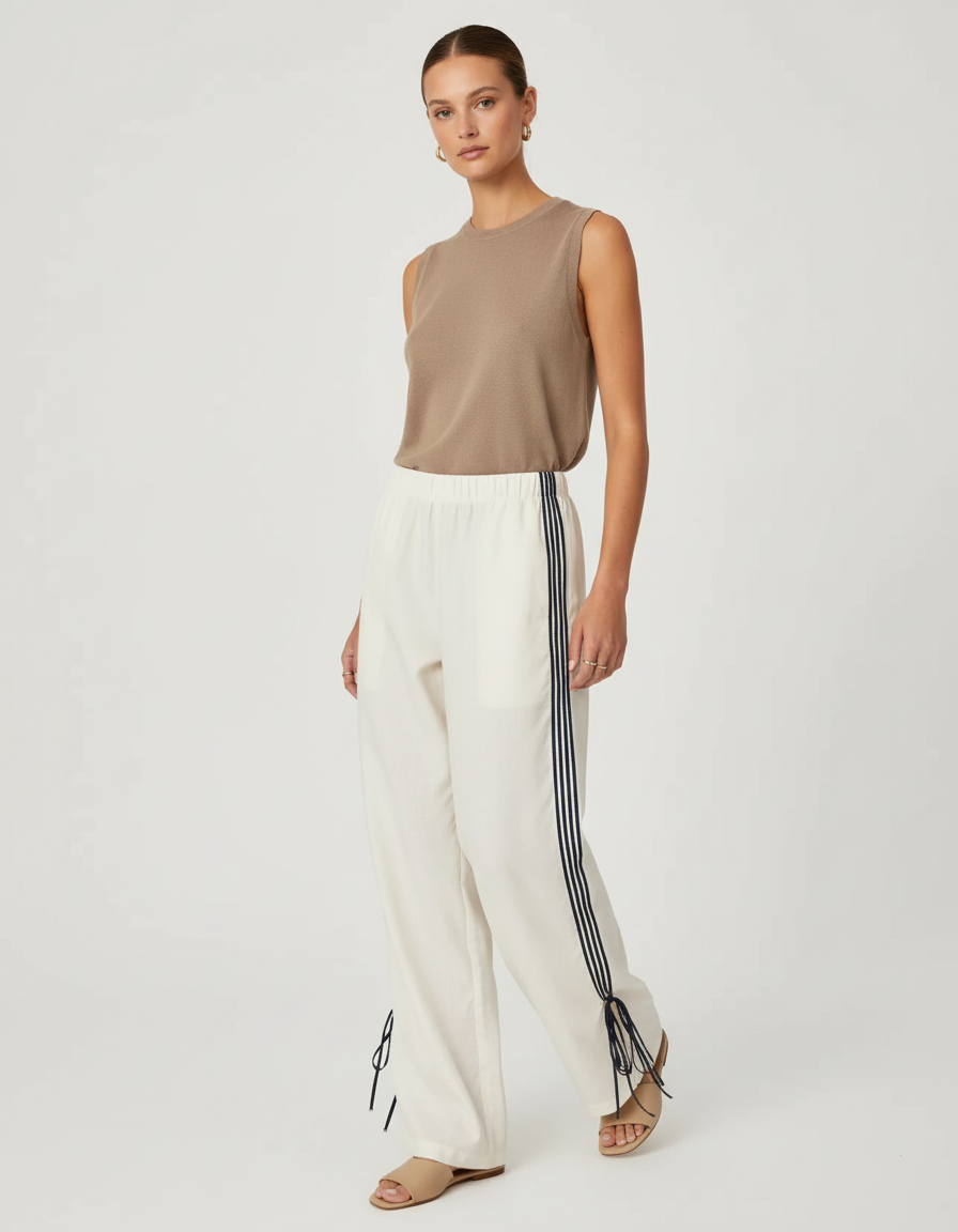 Pantalon Baggy Crème Rayé Fluide Cordon Décontracté - Beige Viscose