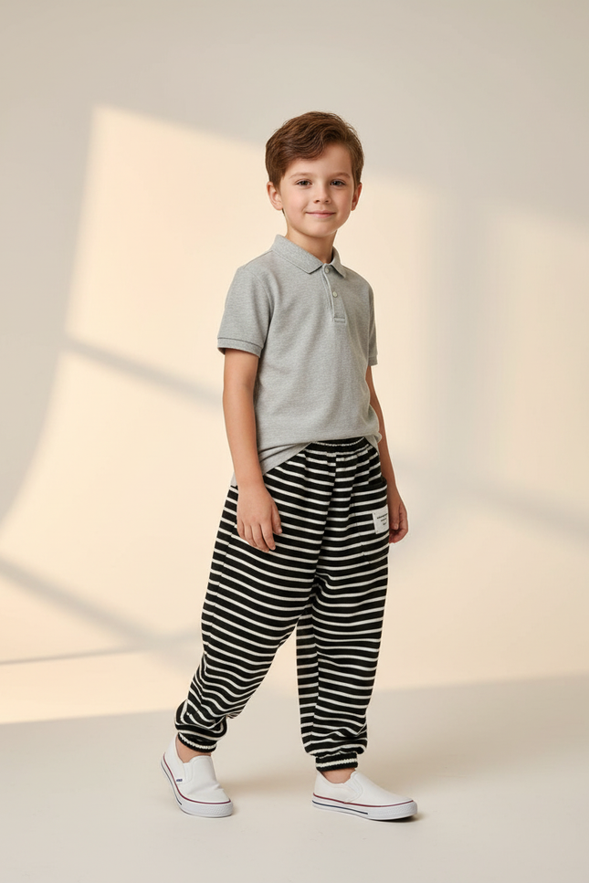 Pantalon Baggy Rayé Noir Blanc Molletonné Enfant - Multicolore