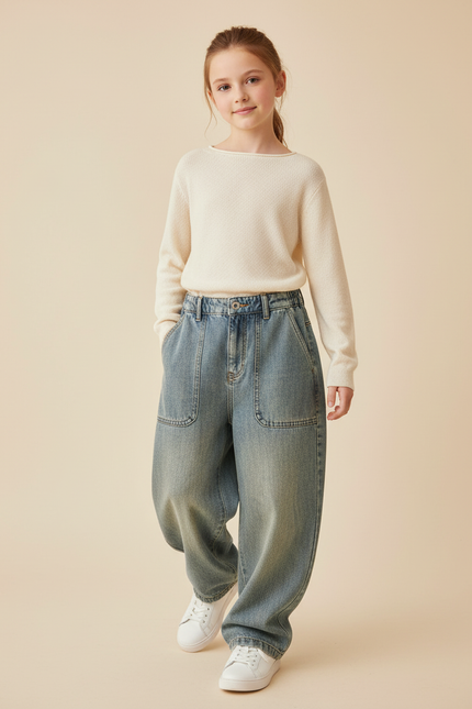 Pantalon Baggy Jean Denim Ample Décontracté Enfant Poches - Bleu