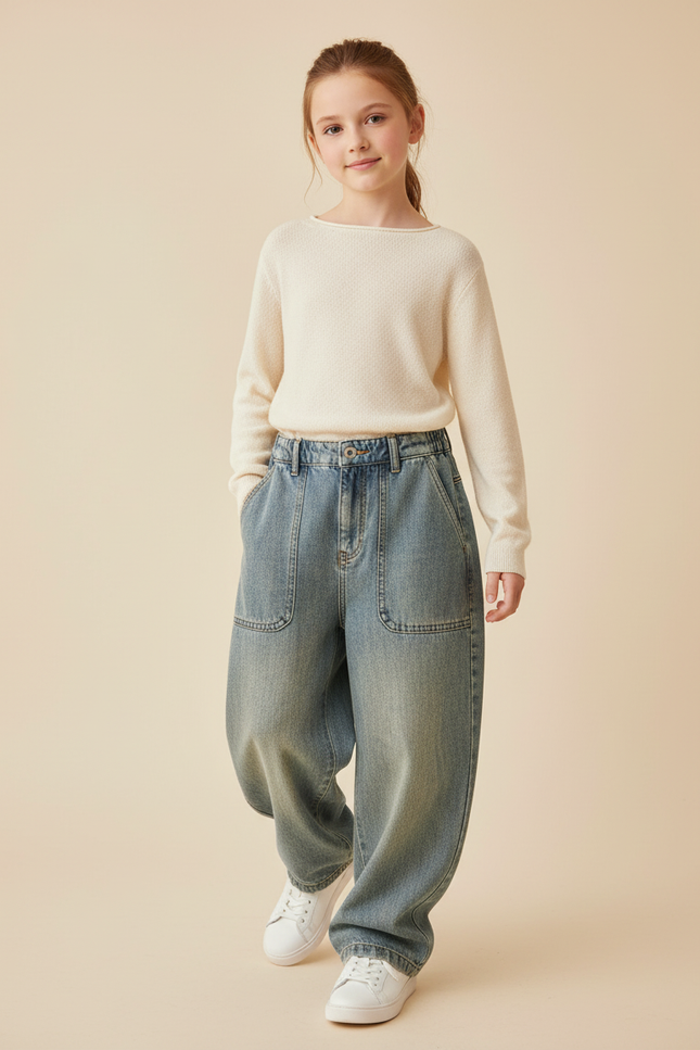 Pantalon Baggy Jean Denim Ample Décontracté Enfant Poches - Bleu