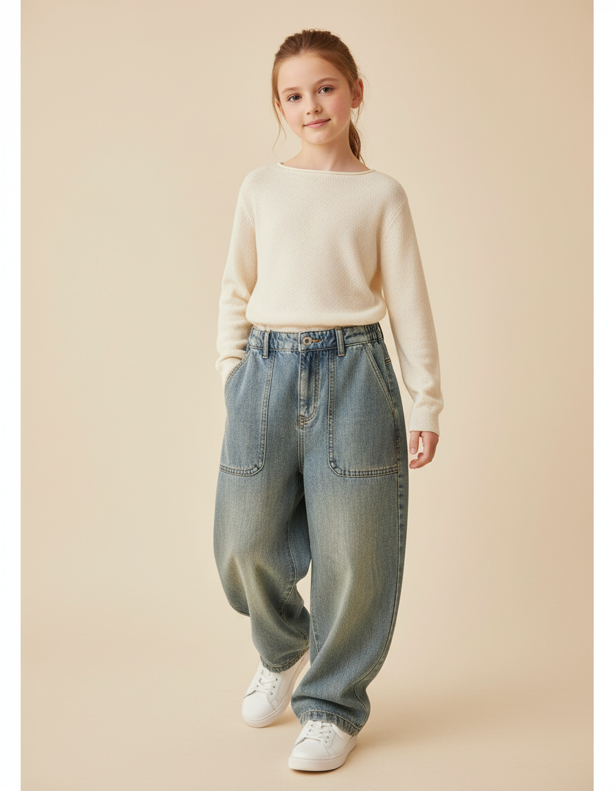 Pantalon Baggy Jean Denim Ample Décontracté Enfant Poches - Bleu