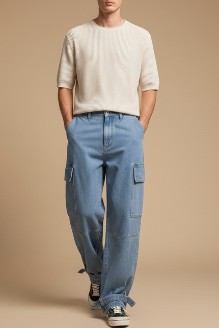 Pantalon Baggy Jean Bleu Cargo Ample Décontracté Homme