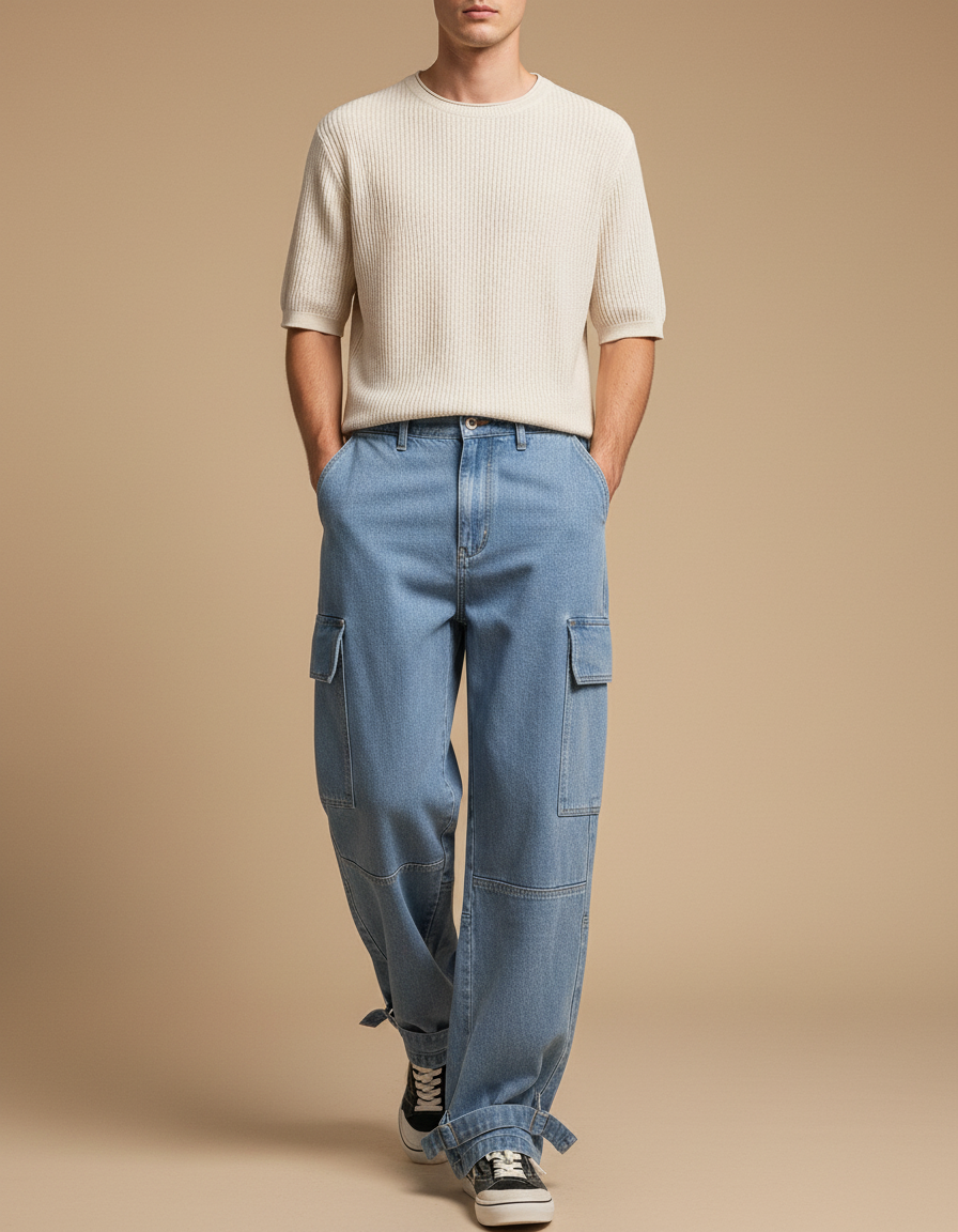 Pantalon Baggy Jean Bleu Cargo Ample Décontracté Homme