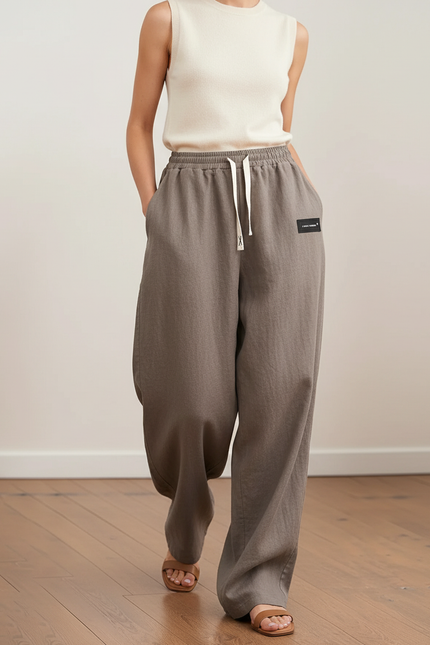 Pantalon Baggy Lin Gris Ample Décontracté Femme