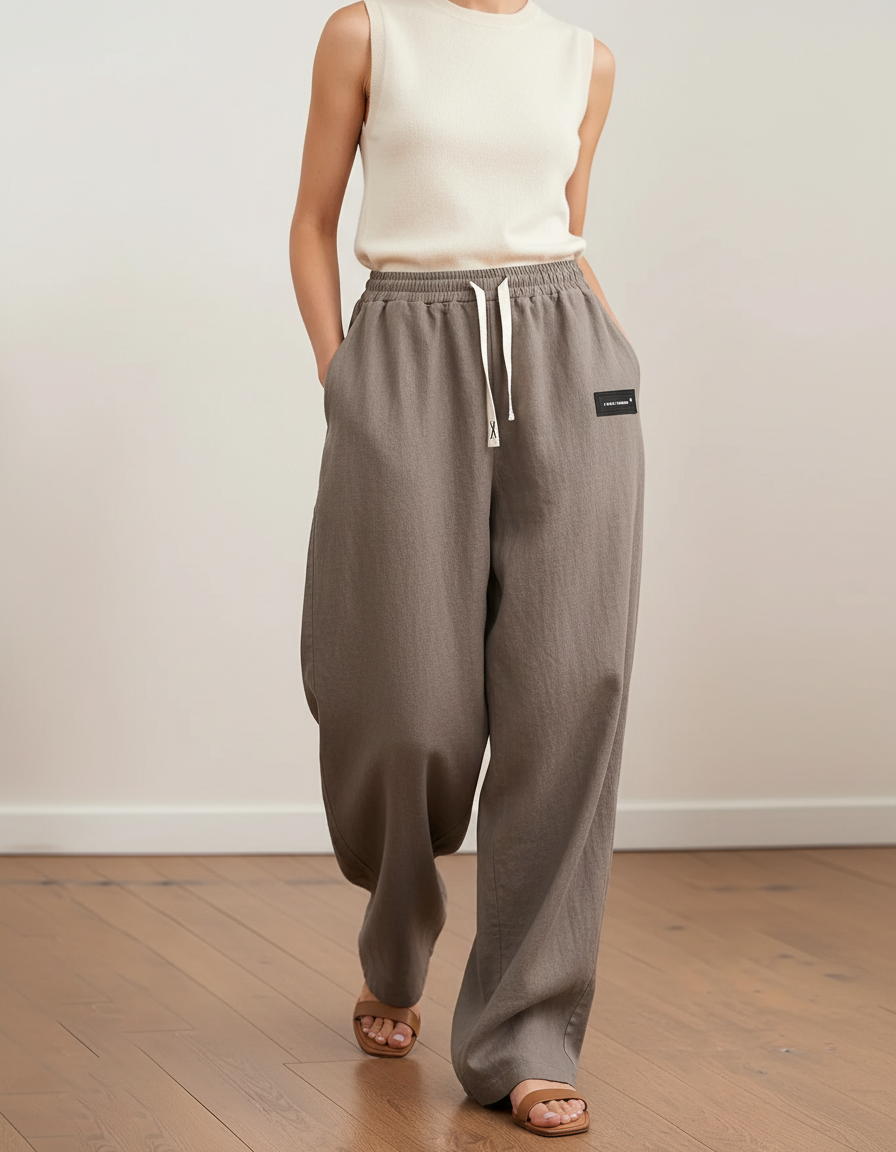 Pantalon Baggy Lin Gris Ample Décontracté Femme