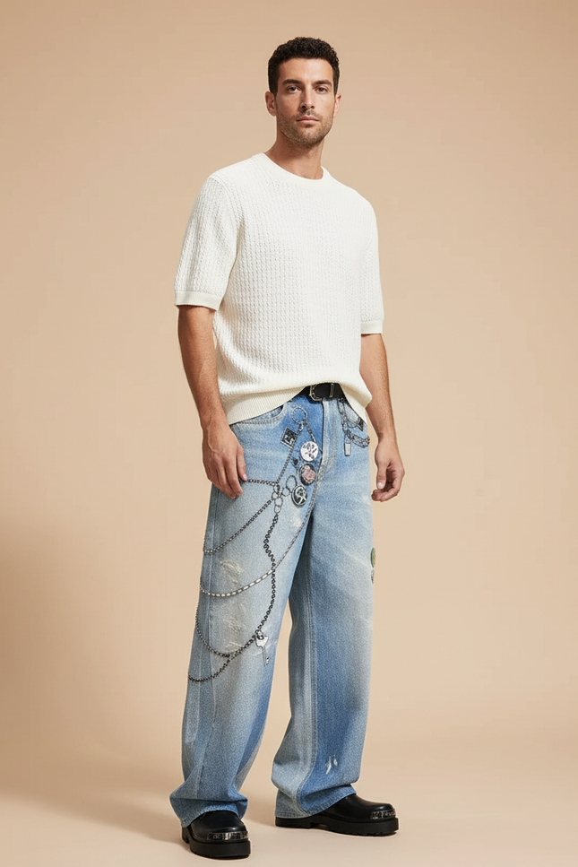 Pantalon Baggy Bleu Délavé Imprimé Chaînes Ample - Jean