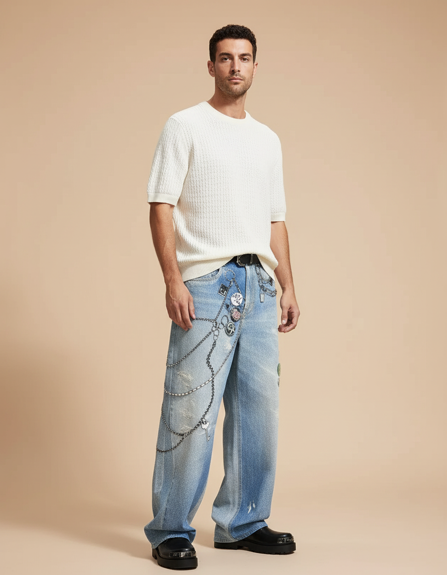 Pantalon Baggy Bleu Délavé Imprimé Chaînes Ample - Jean