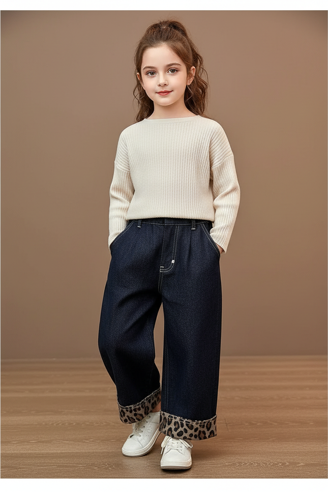 Pantalon Baggy Jean Bleu Léopard Ample Hiver Enfant
