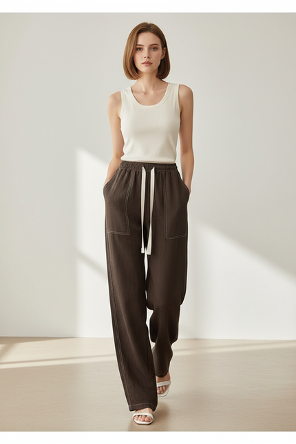 Pantalon Baggy Marron Ample Cordon Décontracté Femme - Coton
