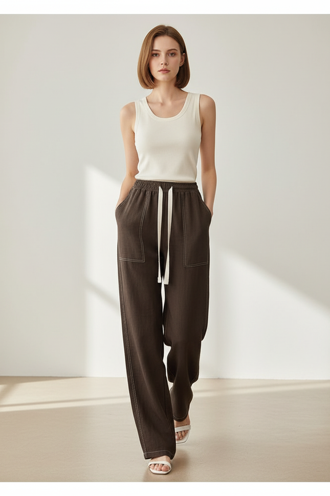 Pantalon Baggy Marron Ample Cordon Décontracté Femme - Coton
