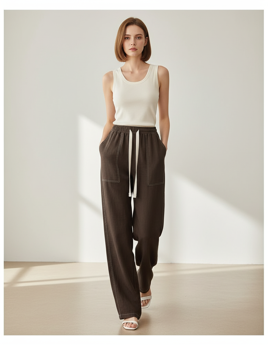 Pantalon Baggy Marron Ample Cordon Décontracté Femme - Coton