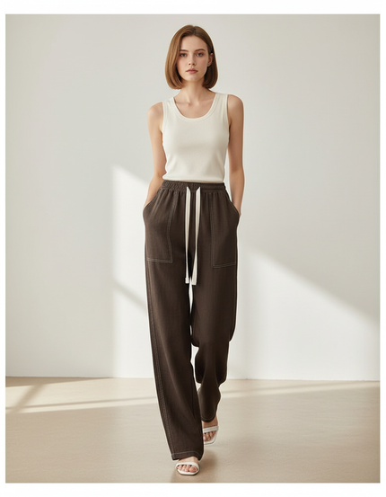 Pantalon Baggy Marron Ample Cordon Décontracté Femme - Coton