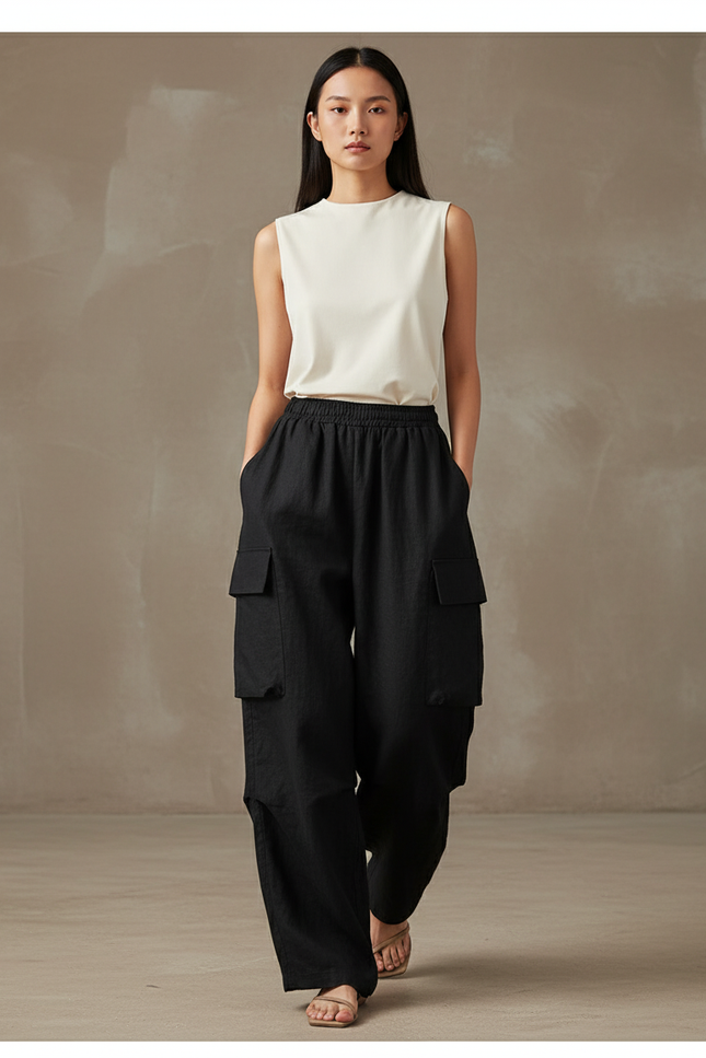 Pantalon Baggy Noir Lin Cargo Ample Décontracté Femmes