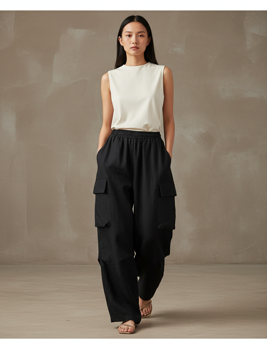 Pantalon Baggy Noir Lin Cargo Ample Décontracté Femmes