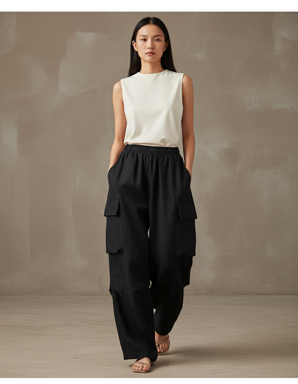 Pantalon Baggy Noir Lin Cargo Ample Décontracté Femmes